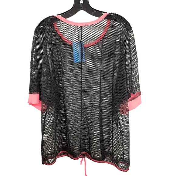 Black Mesh Oversized Top With Pink Trim & Drawstring Hem By Realize 1X - Picture 7 of 8